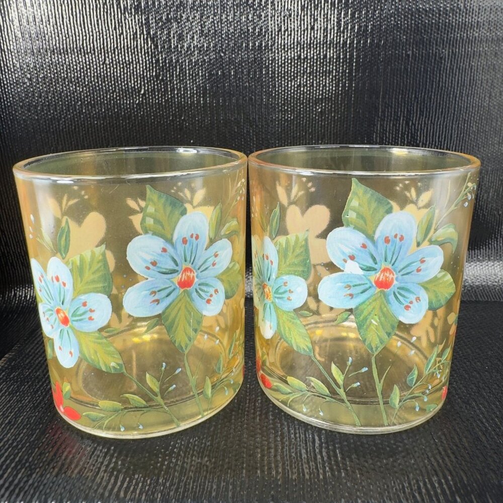 Ana‎ Davis Yellow Floral Pattern Glass Tumbler Set 2 Glasses Cups Barware Cups